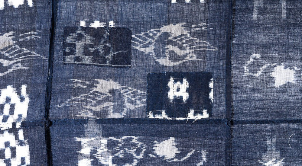 Japanese Antique Kasuri Indigo Futon Cover | 3 Panel Bed Cover, Duvet | Indigo, Resist Dye Cotton | Crane, Floral Motif - Image 4