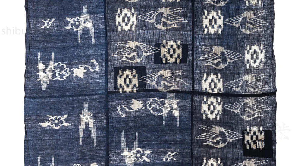 Japanese Antique Kasuri Indigo Futon Cover | 3 Panel Bed Cover, Duvet | Indigo, Resist Dye Cotton | Crane, Floral Motif - Image 7
