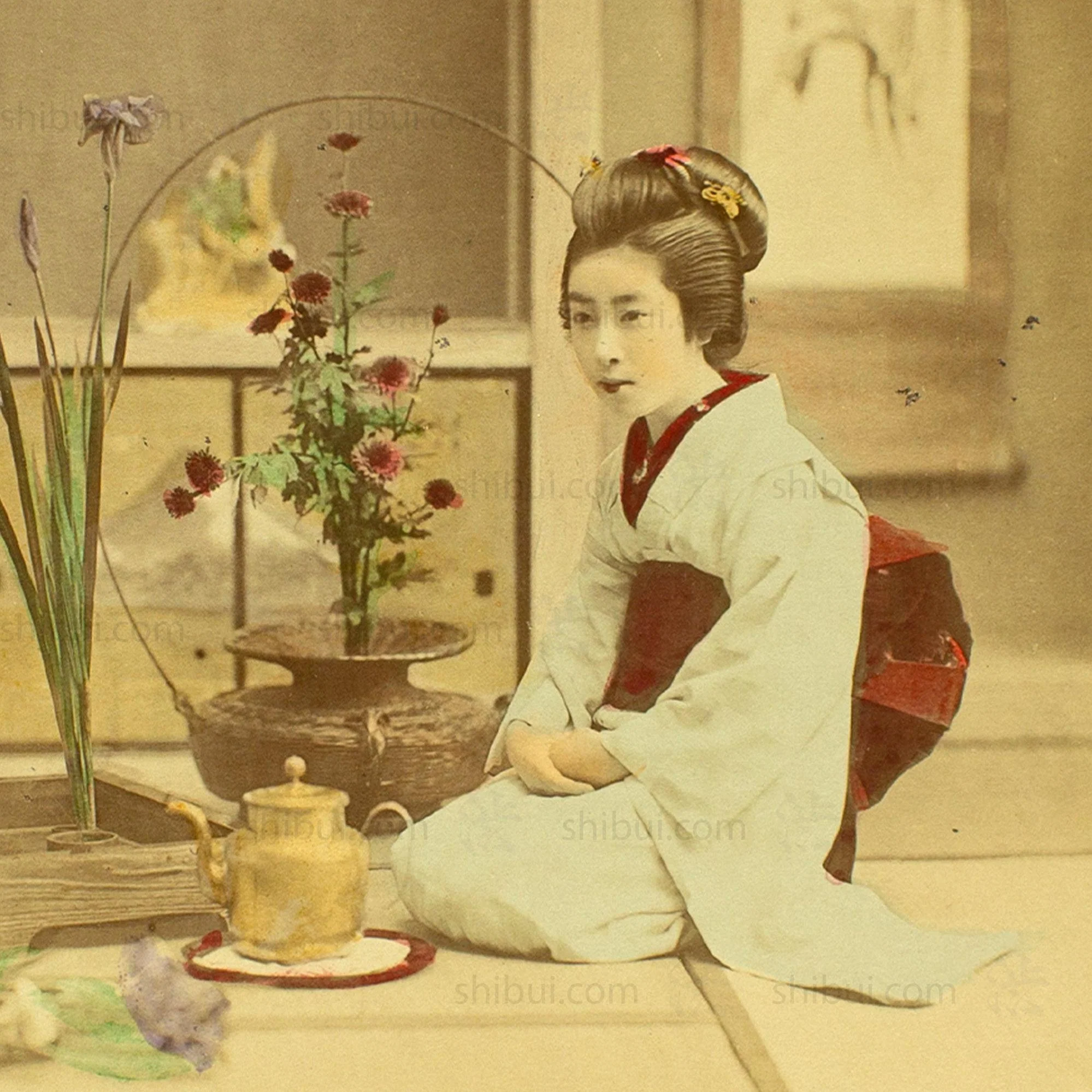 Ikebana Lesson | Japanese Antique Hand Tinted Albumen Photo - Image 3