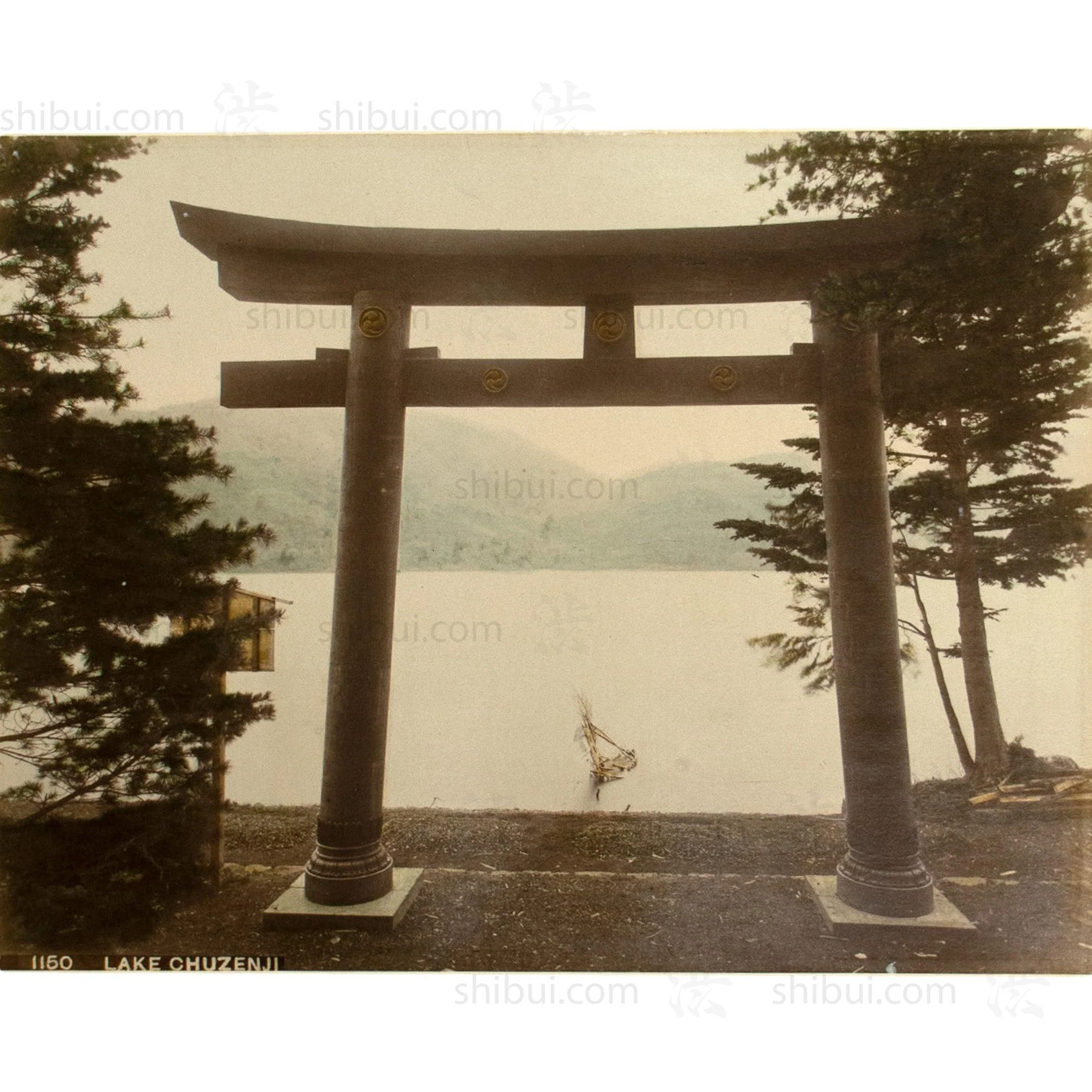 Chuzenji Lake with Torri Gate | Hand Tinted Antique Albumen Print.