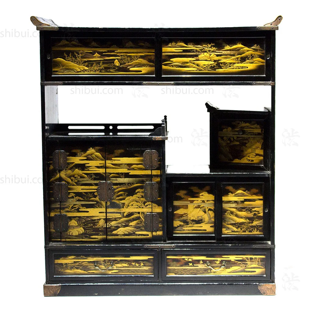 Lacquered Cha Dansu with Maki-e Landscape Japanese Antique Tea Tansu