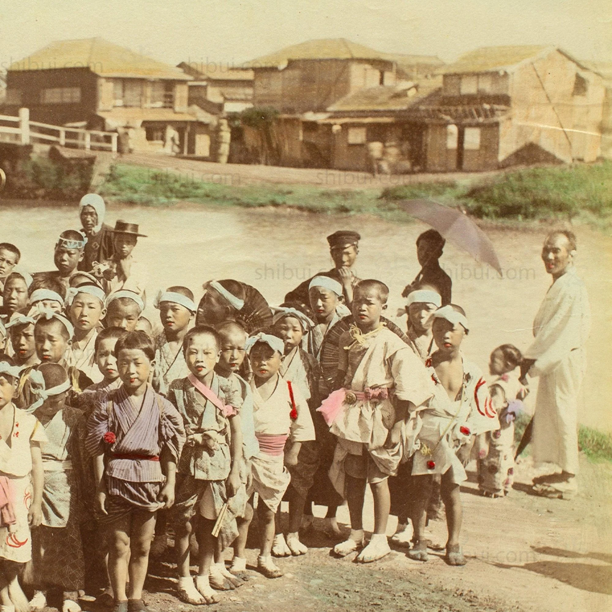 Mikoshi and Children | Japanese Antique Hand Tinted Albumen Photo - Image 2