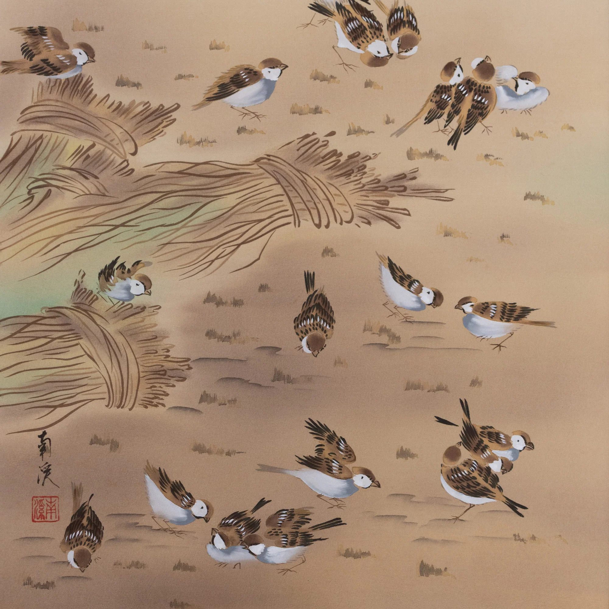 Contemporary Sparrows Gleening Near Rice Sheafs Scroll - Image 2